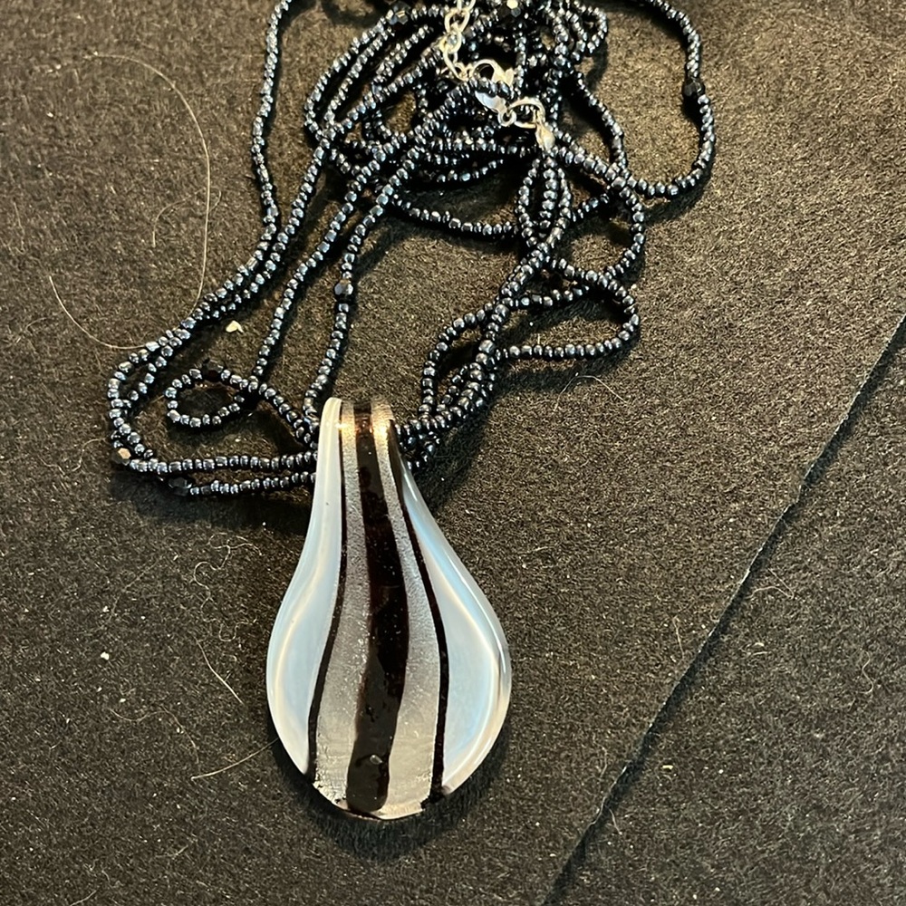 Murano Black and White Teardrop Glass Pendant Necklace